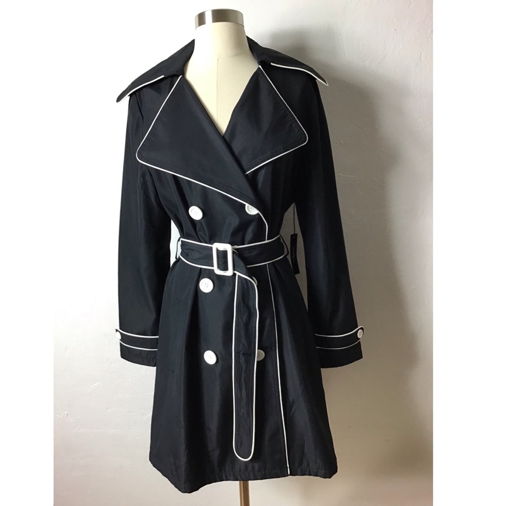 Vertigo black w/ white piping retro style collared belted rain tench coat jacket - Picture 2 of 12
